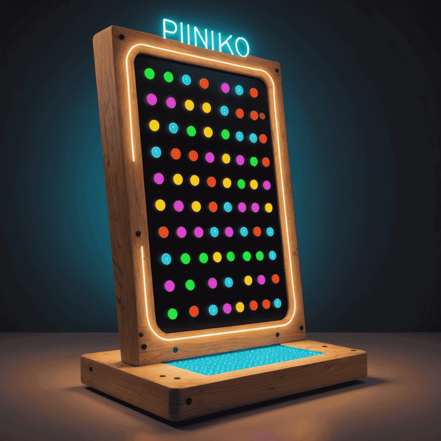 Ein futuristisches Plinko-Brett mit leuchtenden Neonpins und einer fallenden Scheibe, die einen Lichtschweif hinterlässt