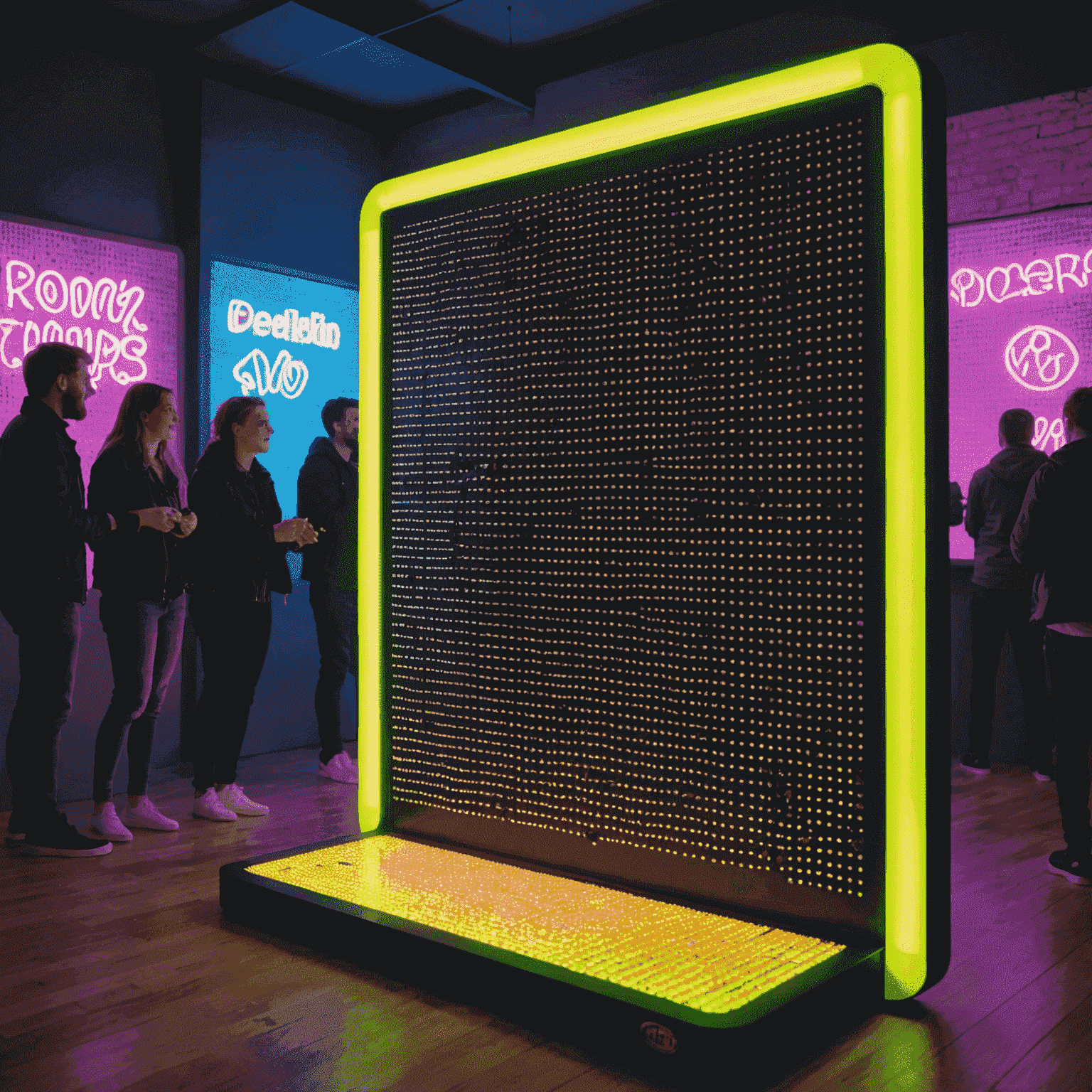 A vibrant Plinko party scene in Berlin, with neon-lit Plinko boards and excited participants dropping chips