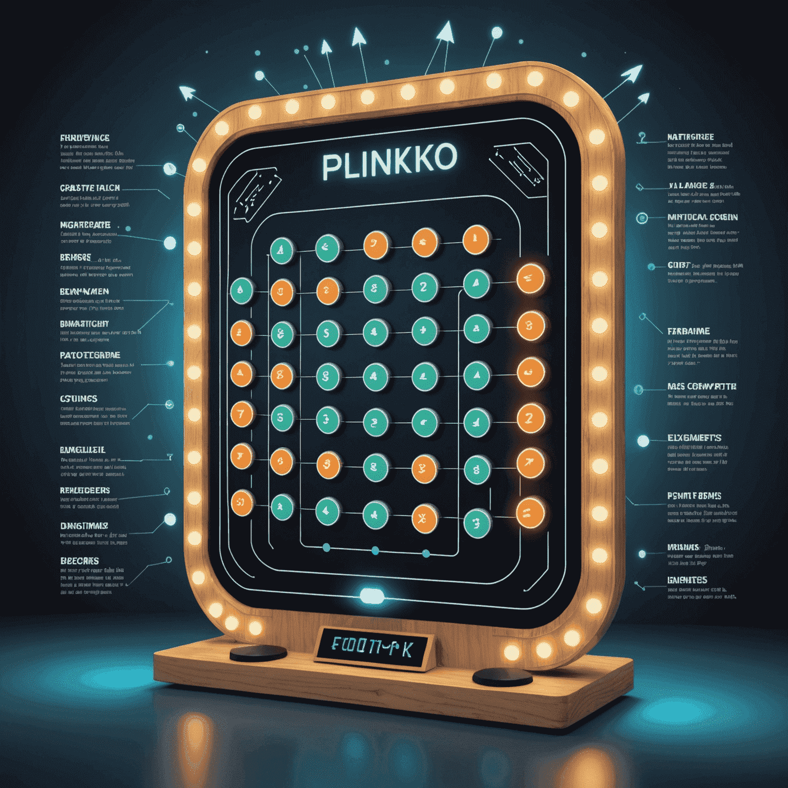 Eine Infografik, die verschiedene Plinko-Strategien zeigt, mit leuchtenden Pfeilen und Diagrammen auf einem futuristischen Hintergrund.