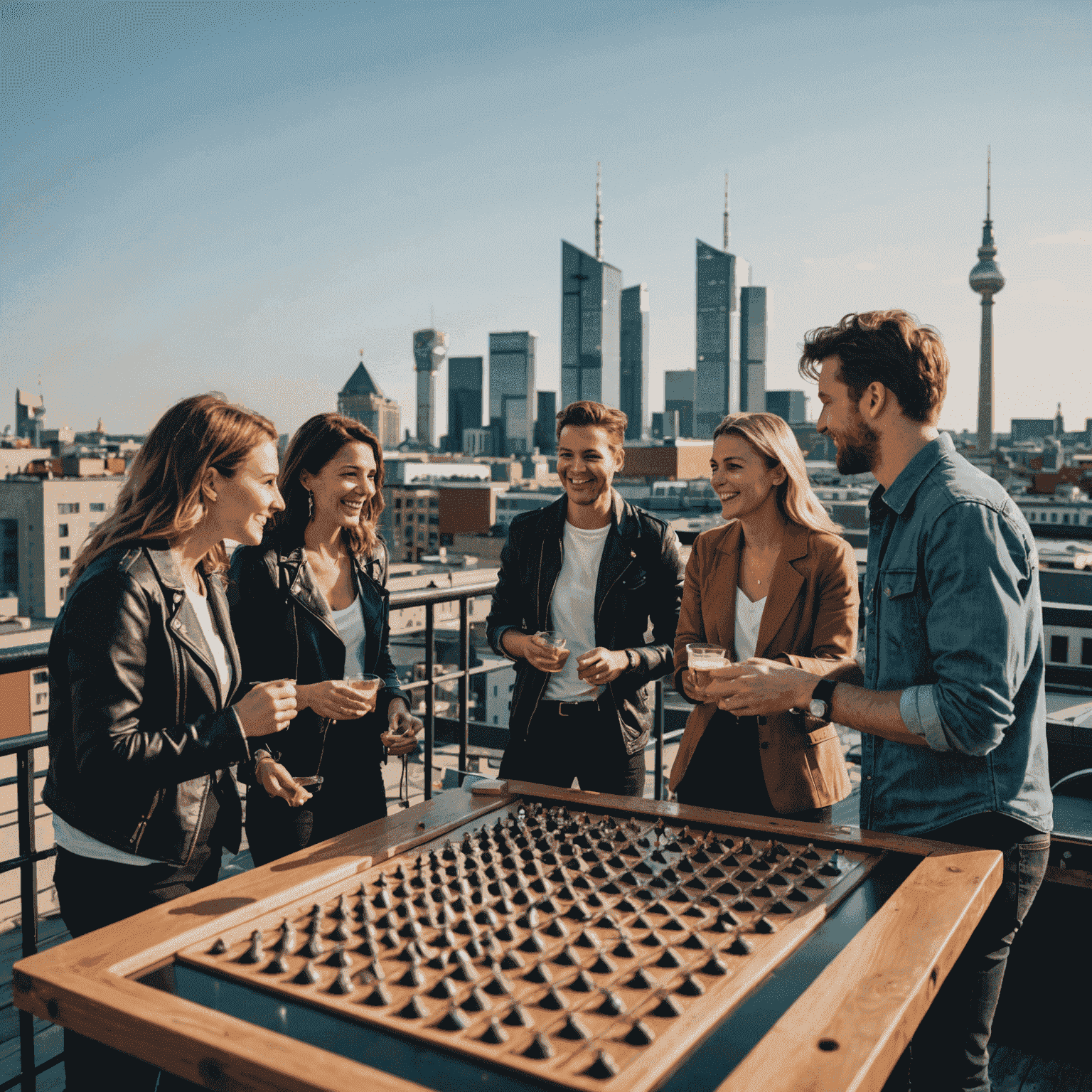 A group of friends enjoying a Plinko game at a trendy Berlin rooftop bar, with the city skyline in the background