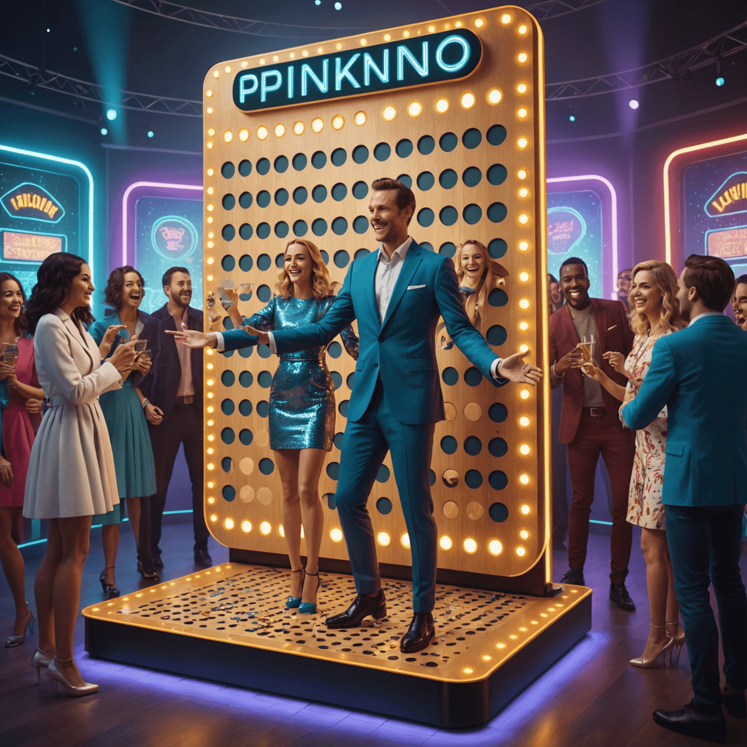 Eine lebhafte Party-Szene mit einem großen Plinko-Brett im Mittelpunkt, umgeben von fröhlichen Menschen in futuristischer Kleidung.