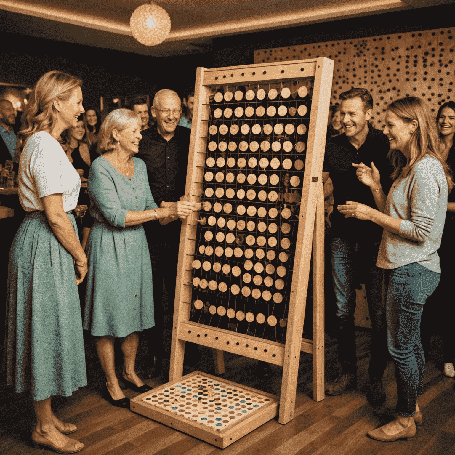 Eine lebhafte Plinko-Party-Szene mit fröhlichen deutschen Gästen, die um ein großes Plinko-Brett versammelt sind